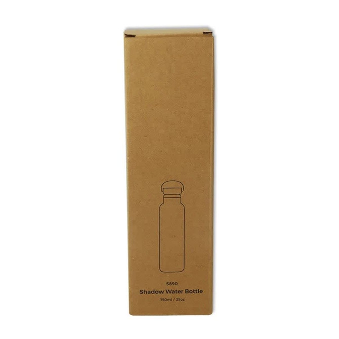 A drink bottle in a brown cardboard box, featuring a simple outline design and a logo.