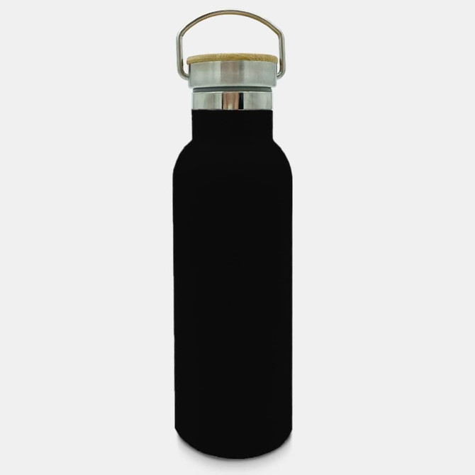 A drink bottle in matte black with a stainless steel lid and a cork accent. It features a logo.