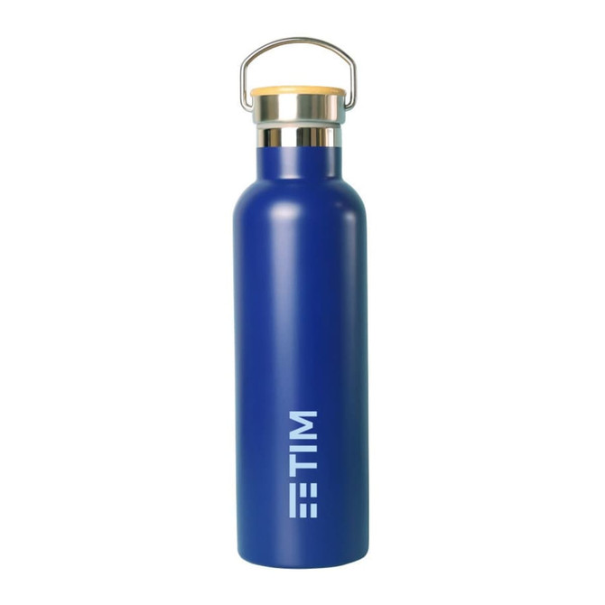 A drink bottle in a deep blue colour with a stainless steel lid and a branding logo on the front.