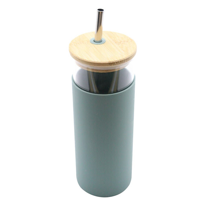A drink bottle featuring a mint green body, bamboo lid, and stainless steel straw. It has a logo on the side.