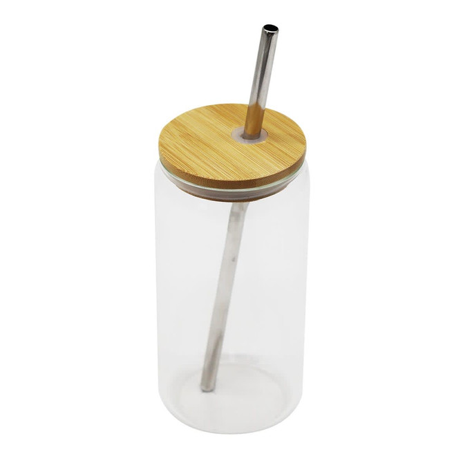 A drink bottle featuring a clear body, bamboo lid, and metal straw. It includes a logo on the side.