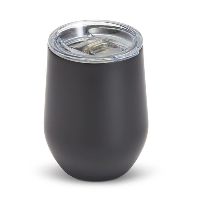 A drink mug with a zen mirror finish in black, featuring a clear lid and a rounded design.