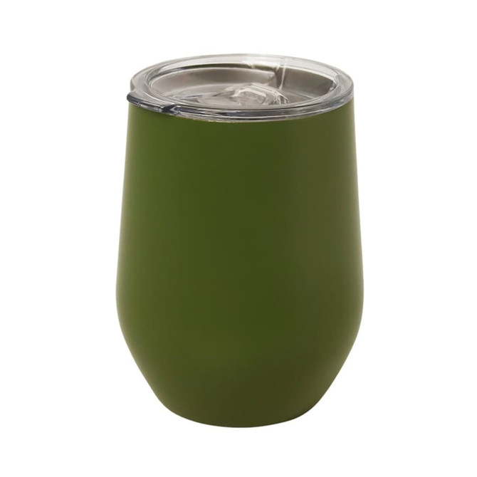 A drink bottle in matte olive green with a clear lid, designed for beverages. It has a logo on the surface.