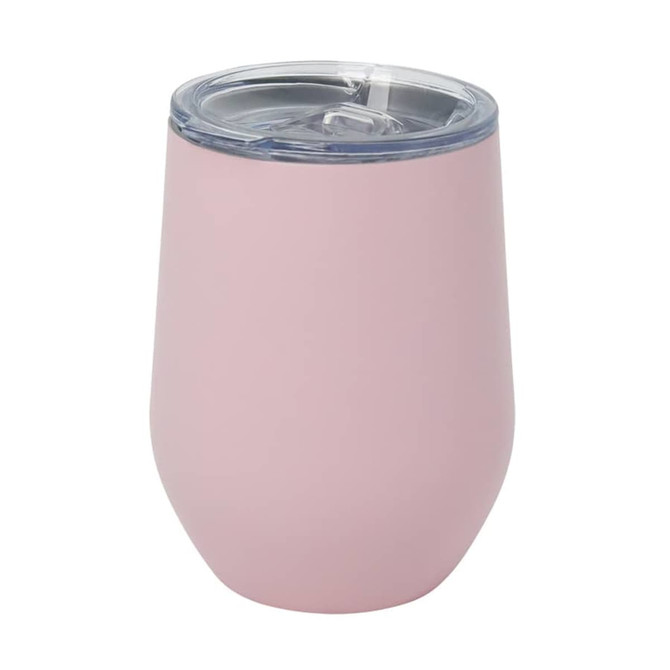 A pink Zen Mirror Finish Mug with a clear lid, designed for drinks. Features a sleek, modern shape and has branding.