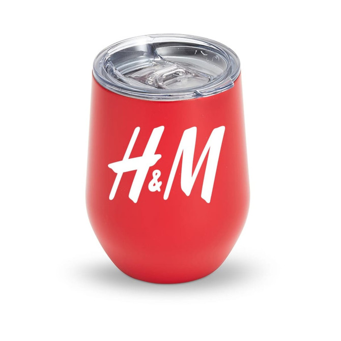 A drink bottle featuring a glossy red finish with a clear, removable lid and a logo.