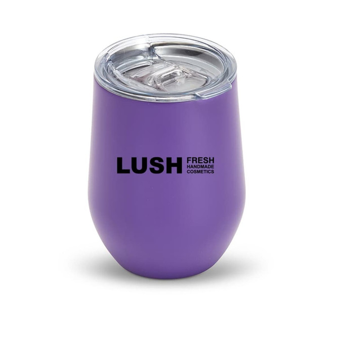 A purple drink tumbler with a clear lid and a logo on the front.
