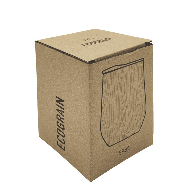 A cardboard box containing the Ecograin Mirror Finish 350mL Zen Mug, designed with a wood grain texture and featuring branding.