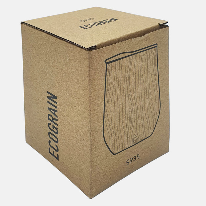 A product box for the Ecograin Mirror Finish 350mL Zen Mug, featuring a wood-like design and a logo.