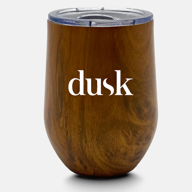 A drink bottle featuring a brown wood-like finish with a clear lid and a logo. It's a 350mL Zen mug.