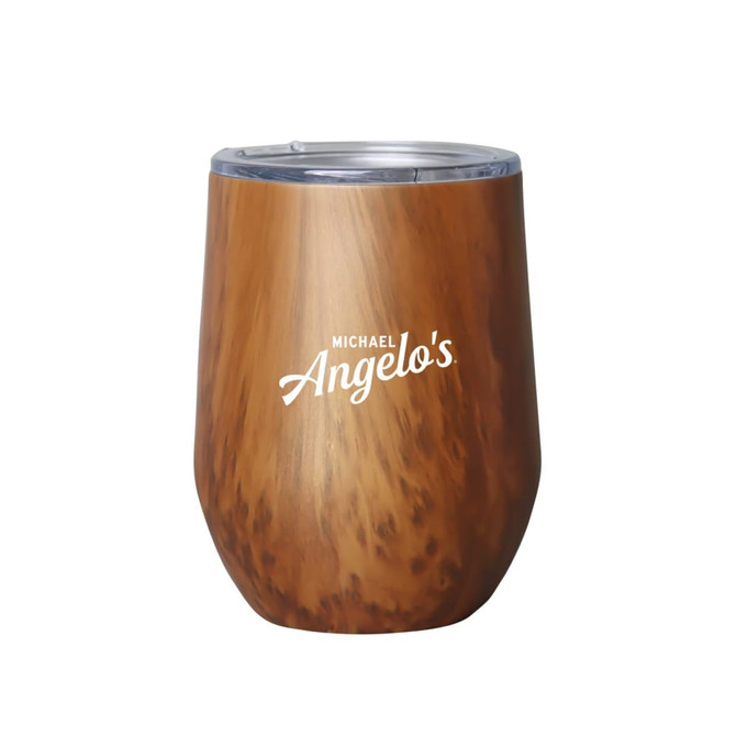 A drink mug in a smooth wood-like finish with a clear lid and a logo. Features a rounded design in brown tones.