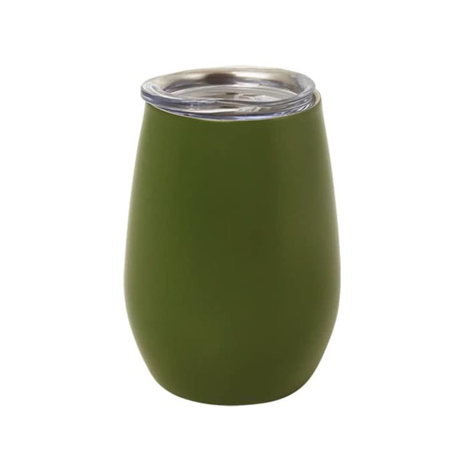 A drink bottle in matte olive green with a silver lid, designed as a tumbler for beverages. It has a logo on it.