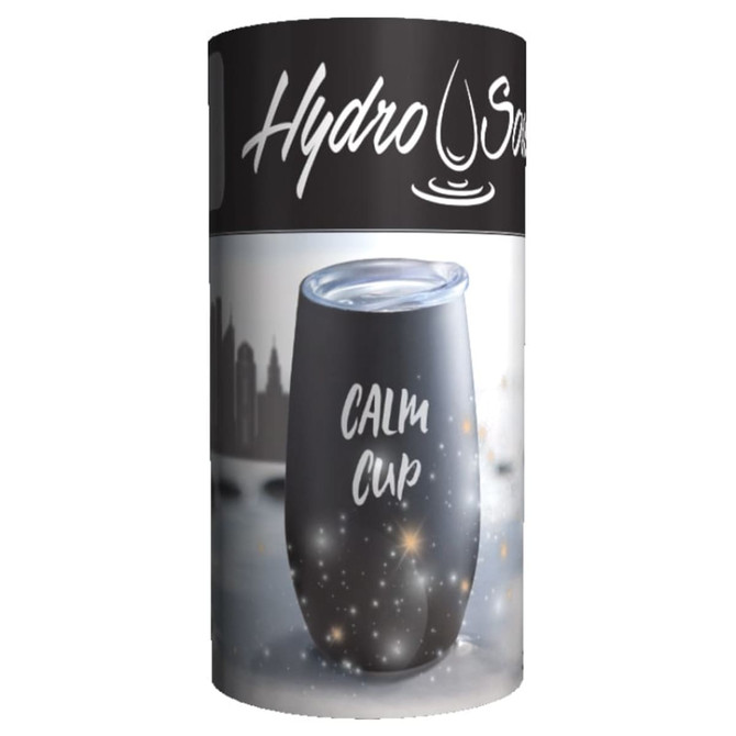 A drink bottle featuring a sleek black design with a transparent lid and a logo. Contains graphics of stars and water.
