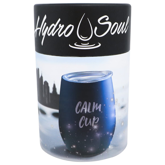 A drink bottle with a sleek blue design, featuring a lid and a logo on a cylindrical container.