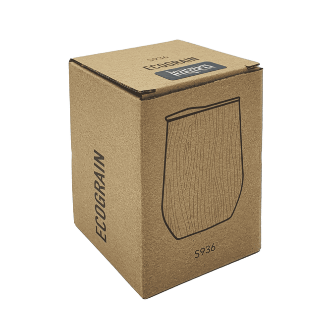 A drink bottle in a natural wood finish inside a kraft cardboard box. The box features a logo.