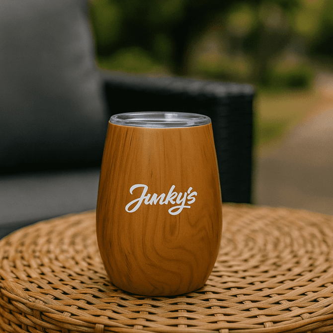 A drink bottle in a wood grain finish with a clear lid and a logo on the side, placed on a woven surface.