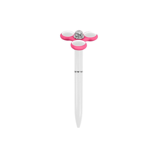 A fidget pen in white with pink accents, featuring a spinning top design and a silver accent. It has a logo.