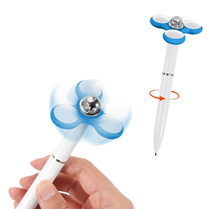A fidget pen featuring a spinning top design in blue and white, held in a hand. It has a logo on the body.