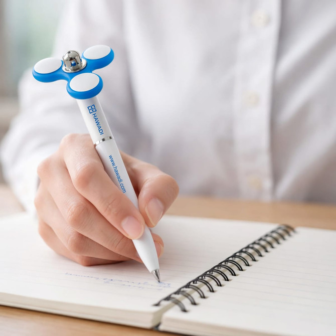 A blue and white fidget pen with a spinning topper, held above an open notebook. The pen features a logo.