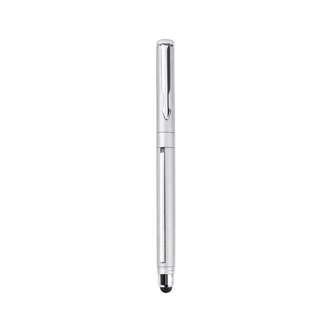 A sleek silver pen with a glossy finish and a stylus tip, featuring a branding logo.