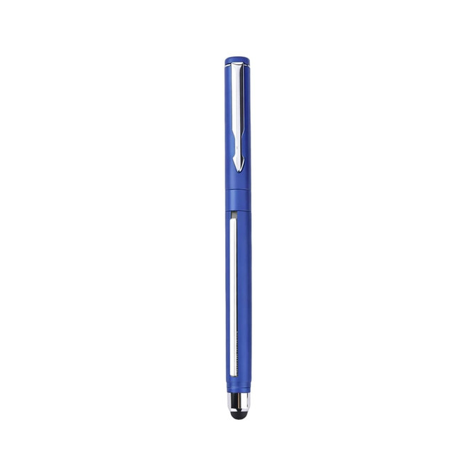 A blue 2 in 1 commercial banner pen features a sleek design, with a silver clip and tip, and includes branding.