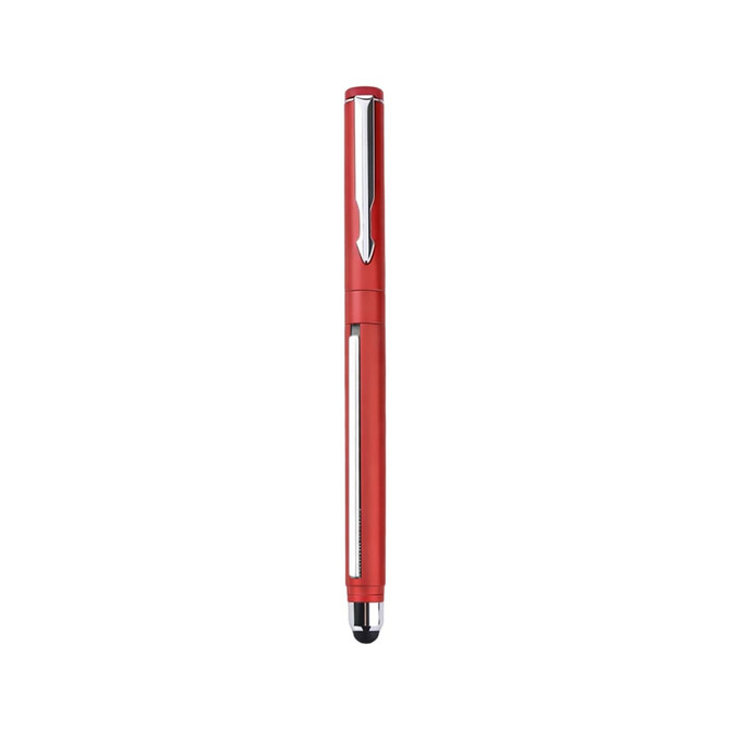 A red pen with a sleek design, featuring a shiny silver clip and tip. It includes a stylus for touchscreens.