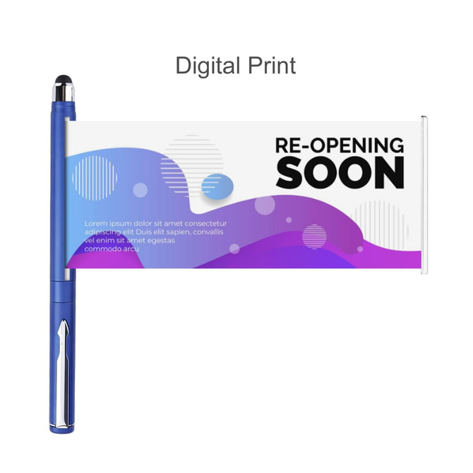 A blue banner pen featuring a retractable banner with a colourful background and promotional text.