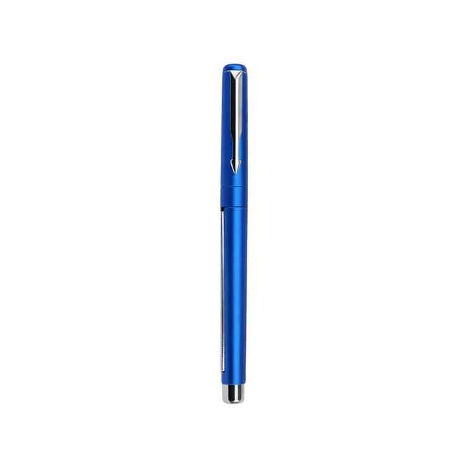A blue promotional pen with a shiny silver clip and a sleek design. It includes a logo on its body.
