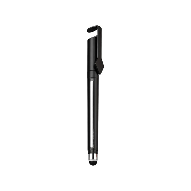 A black 4 in 1 QR Code banner pen featuring a clip and a stylus tip. It has a sleek, modern design.