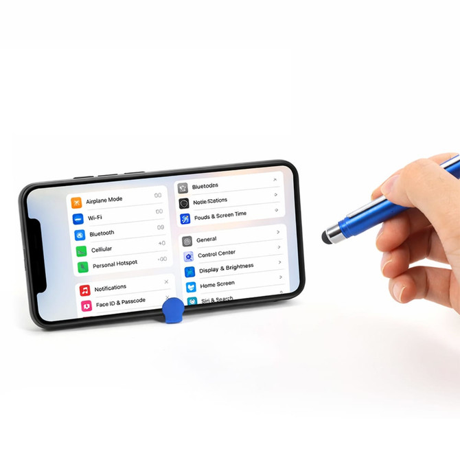 A blue 4 in 1 QR Code Banner Pen is being held near a smartphone displaying settings options.
