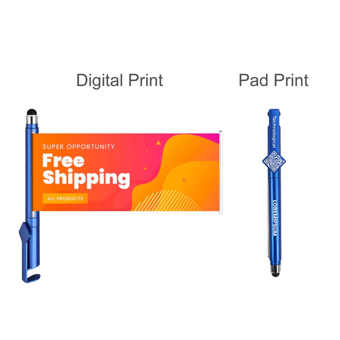 A blue pen with a QR code design and a banner attached, featuring vibrant colours and an abstract pattern.