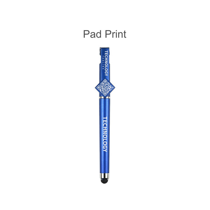 A blue pen with a QR code attachment, featuring a branding logo on the barrel.