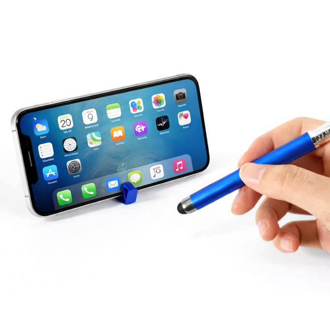 A blue 3 in 1 QR Code pen is held in front of a smartphone with an app display, supported by a small blue stand.