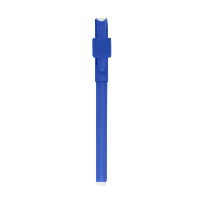 A blue pen with a clip and a smooth barrel, featuring a logo on its surface.