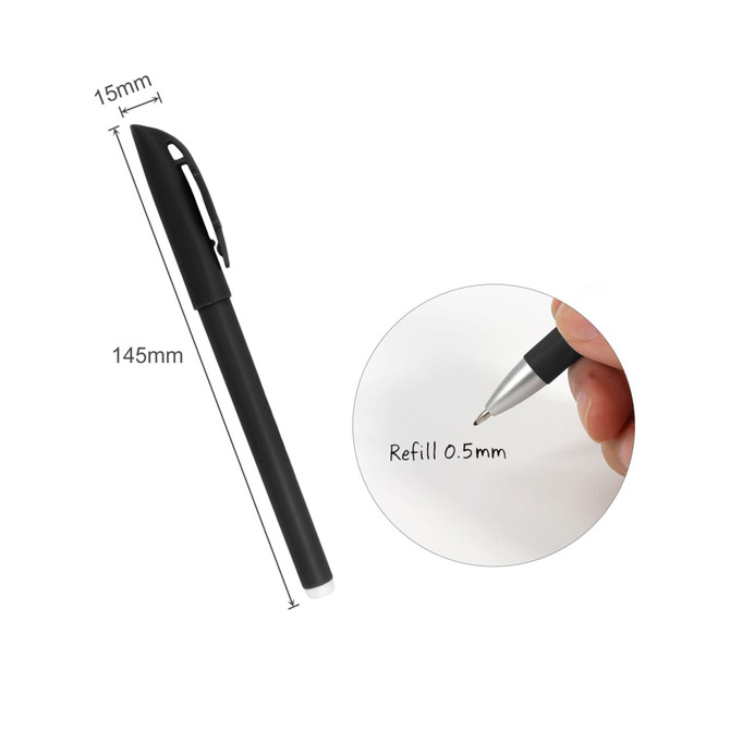 A black pen with a clip, featuring a 0.5mm refill tip, alongside a close-up of the writing end.
