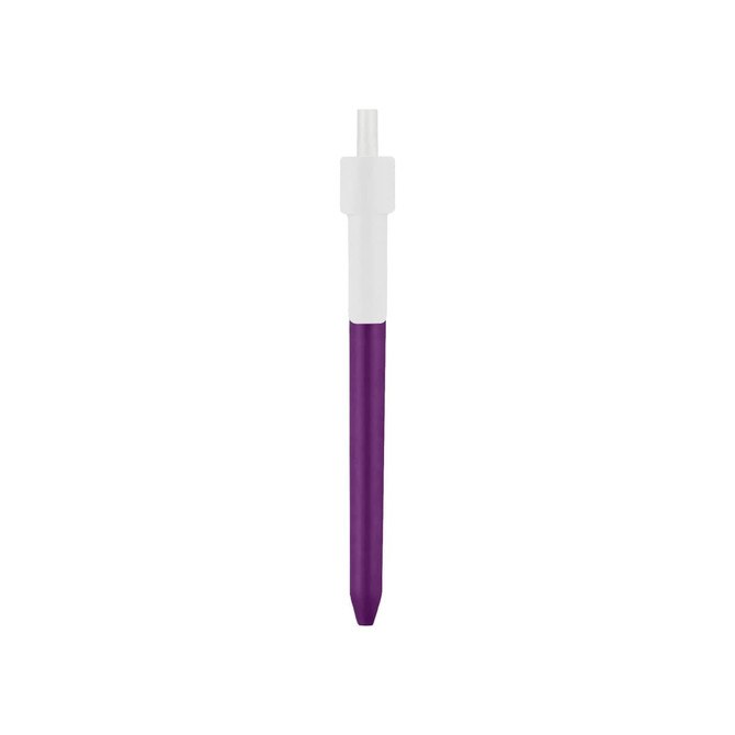 A purple and white click pen with a sleek design and a logo on the barrel.