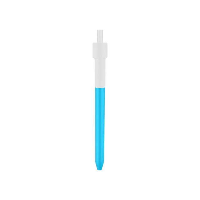 A blue and white click pen with a transparent tip. The pen features a logo on its body.