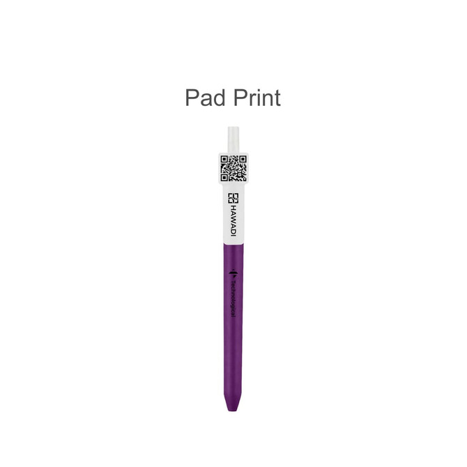 A purple click pen with a white top featuring a QR code and a logo.