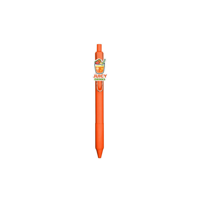 An orange acrylic pen with a clip and a logo featuring a drink illustration.