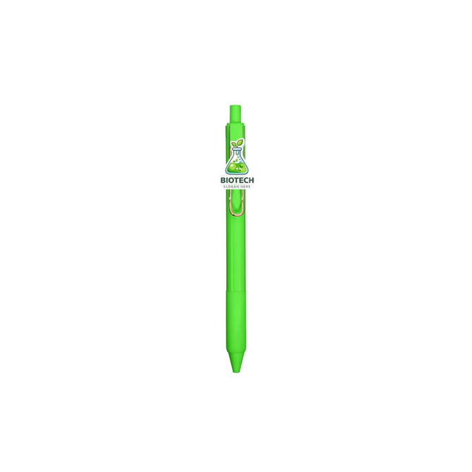 A bright green acrylic pen with a clip and a logo on the barrel.