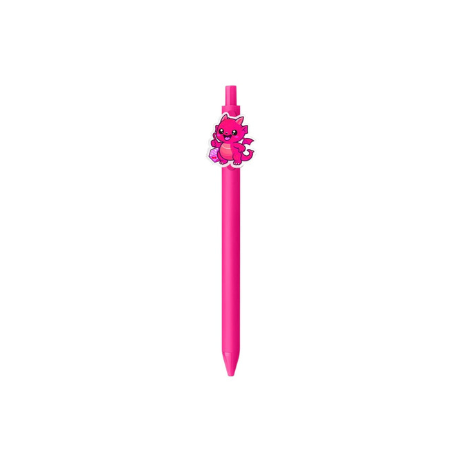 A pink pen with a dragon design on top and a clip. It features a logo on the barrel.