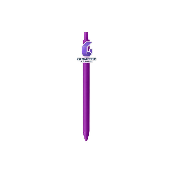 A purple acrylic pen with a clickable top and a logo visible on the barrel.