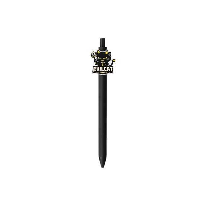 A black acrylic pen featuring a playful evil cat design on the top. The pen has a built-in logo.