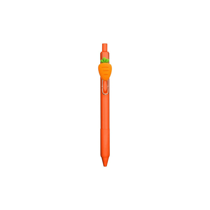 An orange pen featuring a carrot-shaped clip design and a branding logo.