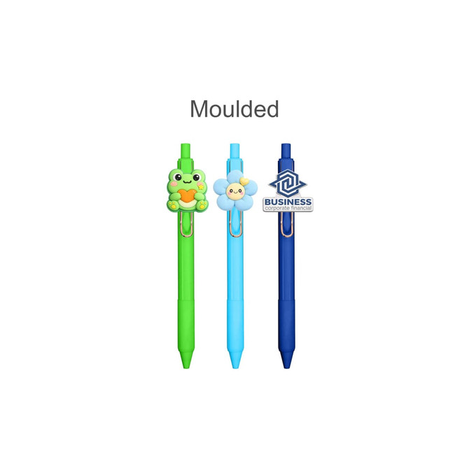A collection of three customised pens: a green frog design, a blue flower design, and a solid blue pen, featuring a logo.