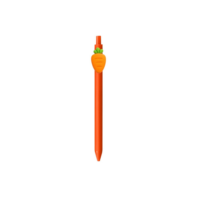 An orange pen featuring a carrot-shaped top and a green leafy attachment. It has a logo on the barrel.
