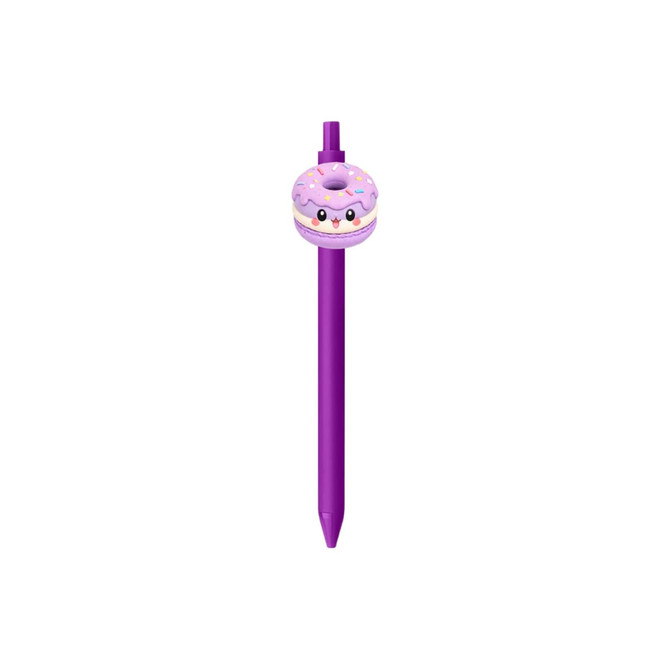 A purple pen with a whimsical donut-shaped top featuring pastel colours and cute facial features.