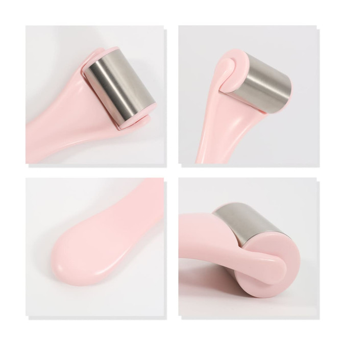 A pink face ice roller featuring a stainless steel rollerhead, showcasing various angles of the product.