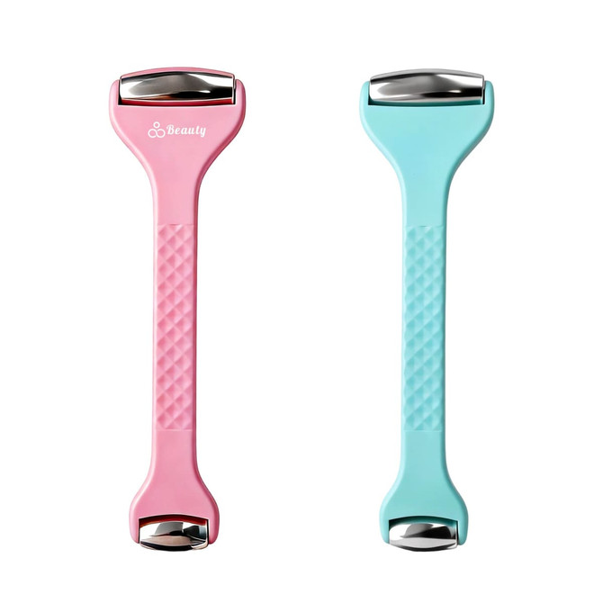 A double-headed ice massager roller featuring a pink and a blue handle, with a textured grip and metallic ends.