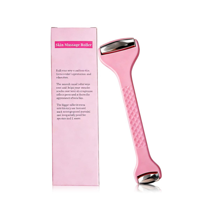 A pink ice massager roller with double heads, featuring a textured handle and a box in the background.