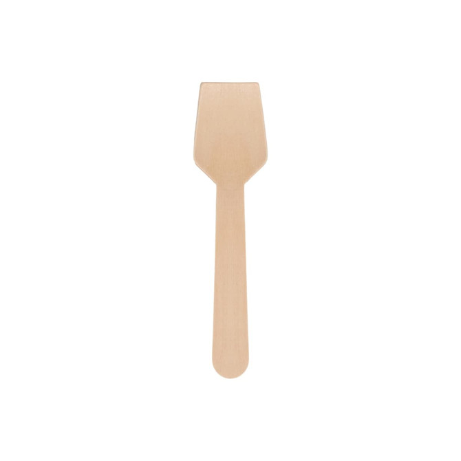 A small disposable birch fork in a light wooden colour, part of a pack of 100 utensils.